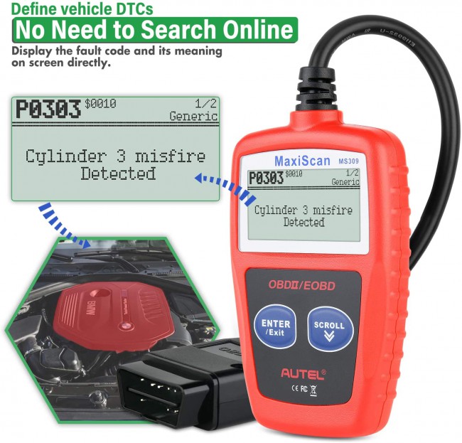 Autel MaxiScan MS309 Universal OBD2 Scanner Engine Light Fault Code Reader, Reading & Erasing Codes, Viewing Freeze Frame Data and Retrieving I/M Read