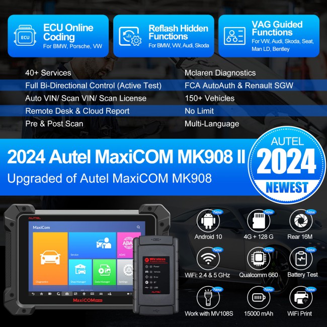 [Multi-Language] 2024 Autel MaxiCOM MK908 II Diagnostic Tablet WiFi Printing ECU Coding Refresh Hidden Function (Updated Version of MK908)