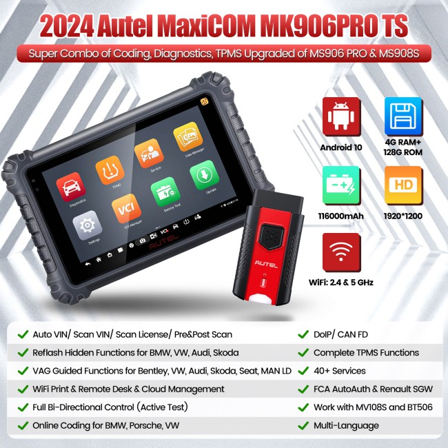 2024 Autel MaxiCOM MK906Pro TS OBD2 Bi-Directional Diagnostic TPMS Tool ECU Coding Upgrade of MS906Pro TS/ MS906TS